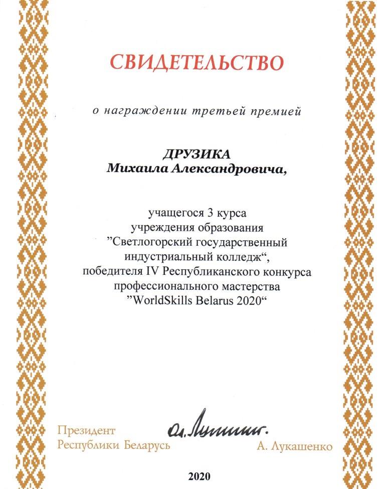 WorldSkills Belarus 2020 3 степень Друзик М А